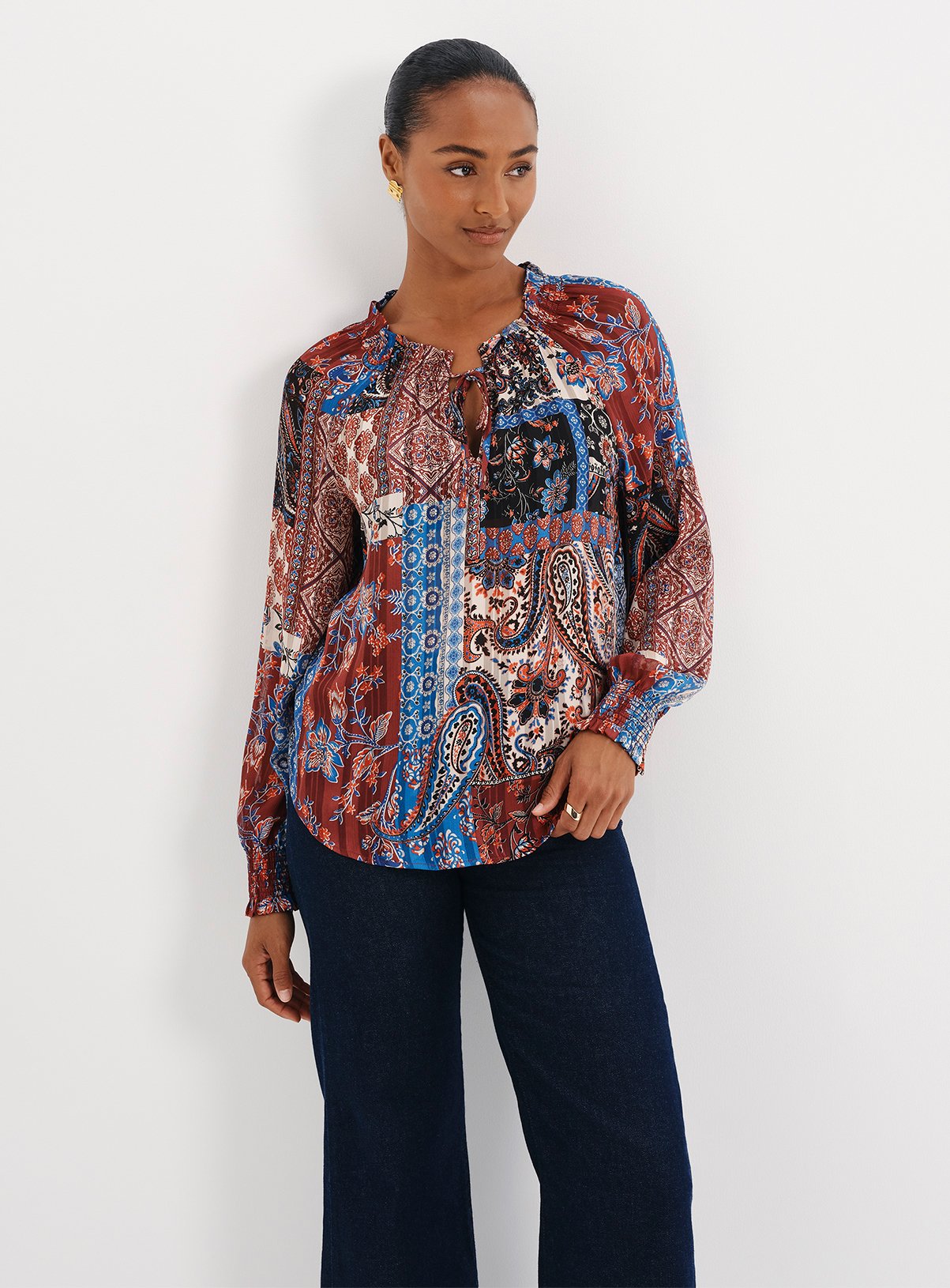 FINERY Harlow Satin Stripe Chiffon Tie Neck Blouse 8 - Image 1 thumbnail